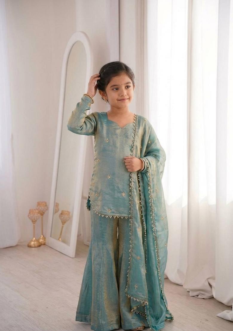 Blue Embroidered Silk Kurta Set For Girls - Indya