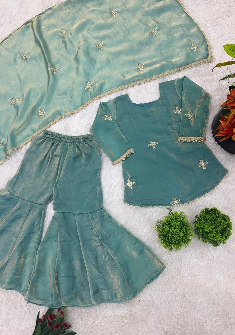 Blue Embroidered Silk Kurta Set For Girls - Indya