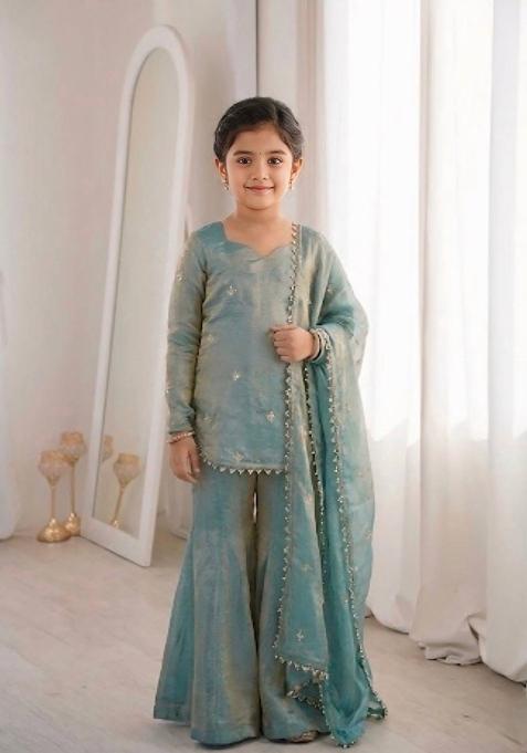 Blue Embroidered Silk Kurta Set For Girls