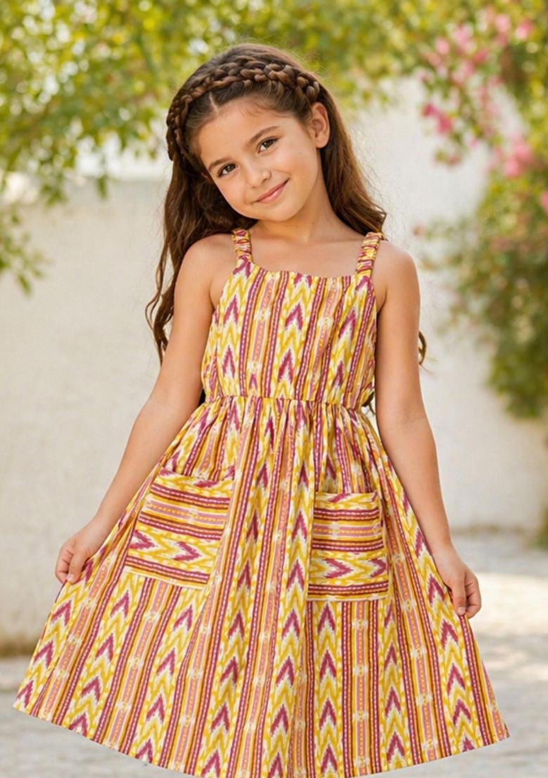 Yellow Printed Cotton Dress For Girls - Indya