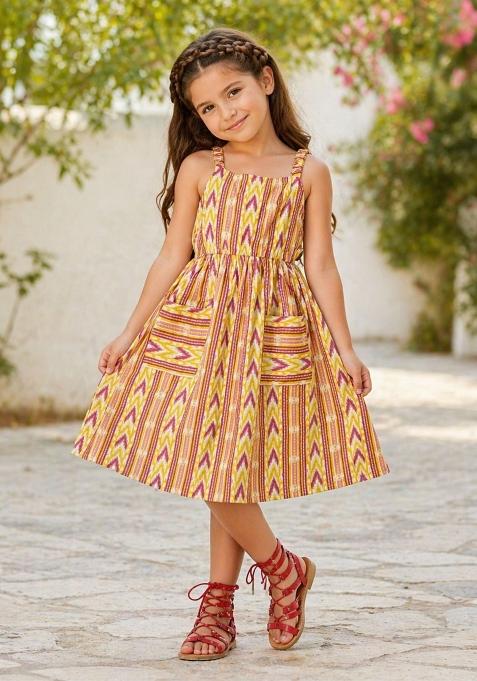 Yellow Printed Cotton Dress For Girls