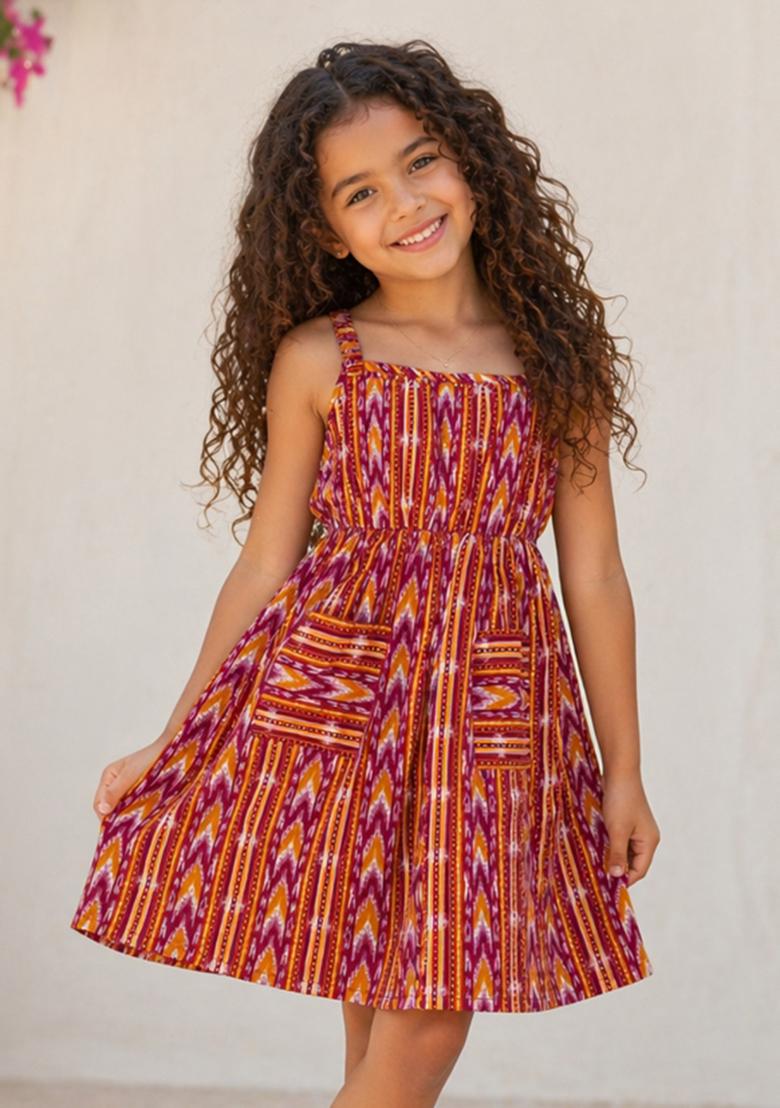 Red Printed Cotton Dress For Girls - Indya