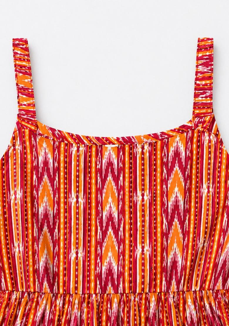 Red Printed Cotton Dress For Girls - Indya