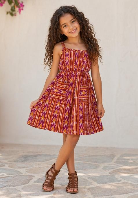 Red Printed Cotton Dress For Girls