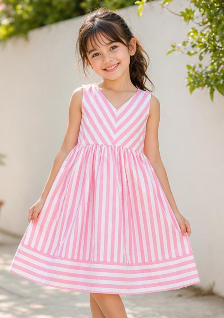 Pink Stripes Cotton Dress For Girls - Indya
