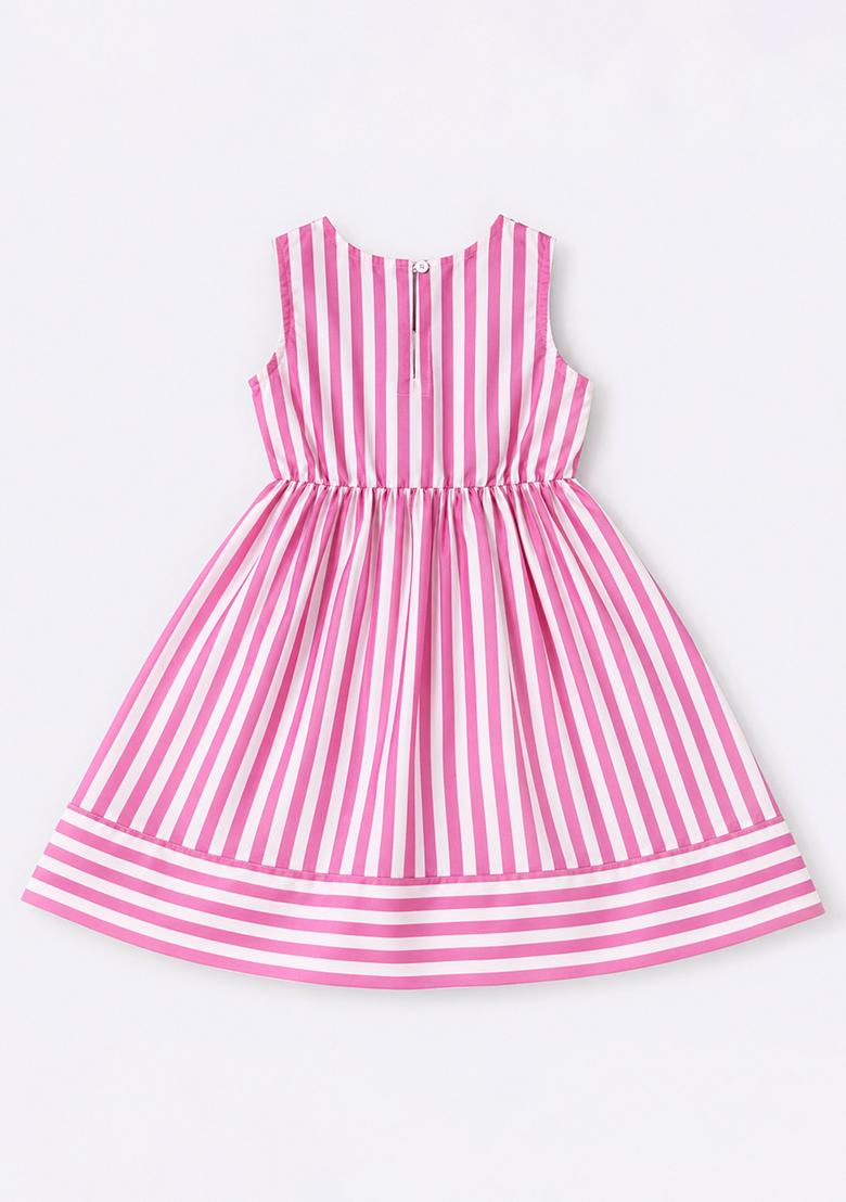 Pink Stripes Cotton Dress For Girls - Indya