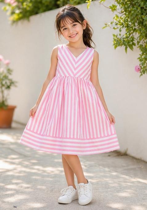 Pink Stripes Cotton Dress For Girls