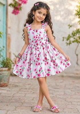 White Floral Print Rayon Dress For Girls