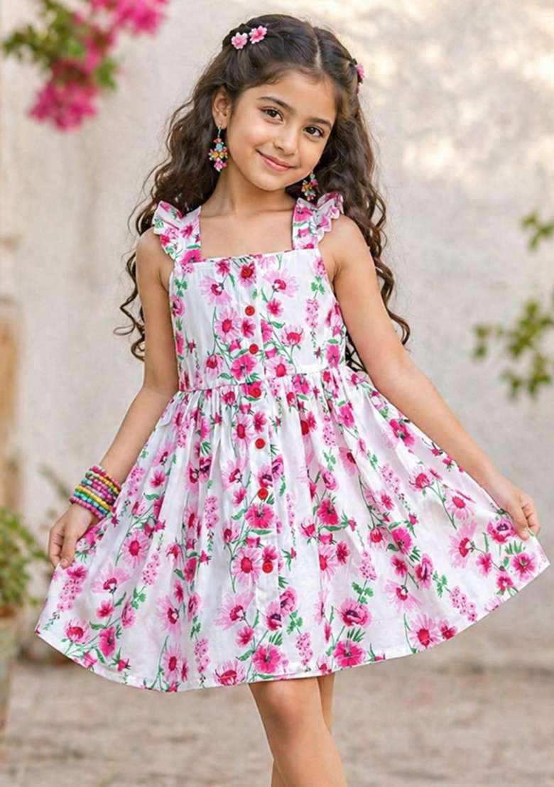 White Floral Print Rayon Dress For Girls - Indya