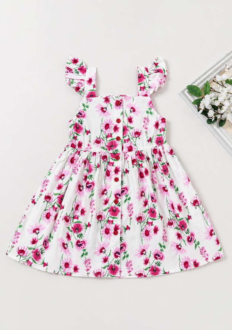 White Floral Print Rayon Dress For Girls - Indya
