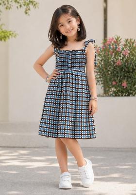 Blue Checked Rayon Dress For Girls