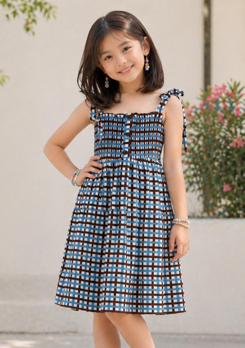 Blue Checked Rayon Dress For Girls - Indya