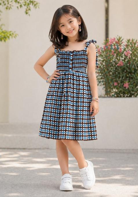 Blue Checked Rayon Dress For Girls