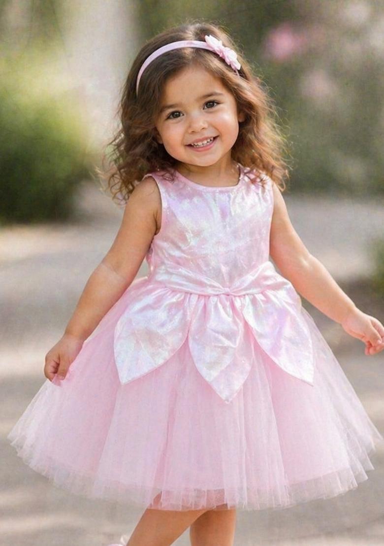 Pink Solid Polyester Dress For Girls - Indya