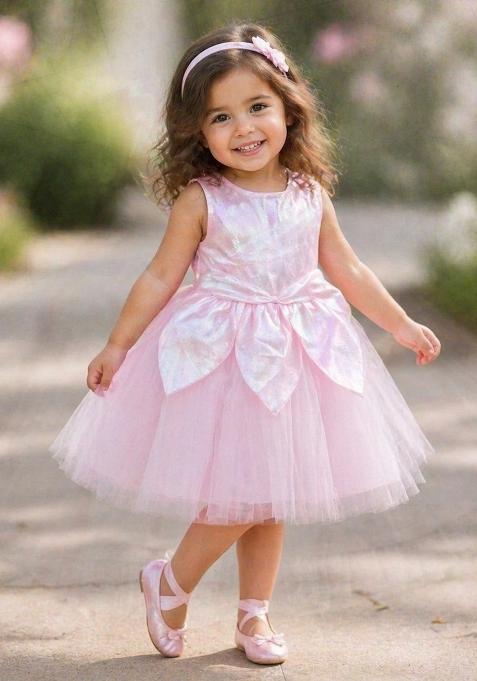 Pink Solid Polyester Dress For Girls