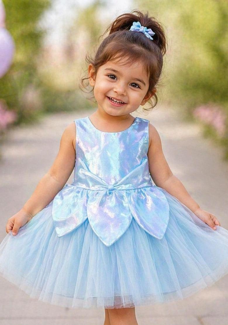 Blue Solid Polyester Dress For Girls - Indya