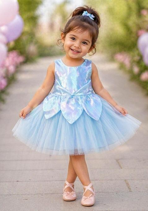 Blue Solid Polyester Dress For Girls