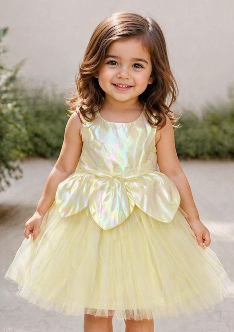 Yellow Solid Polyester Dress For Girls - Indya