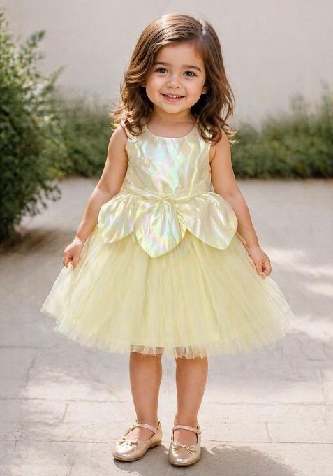 Yellow Solid Polyester Dress For Girls