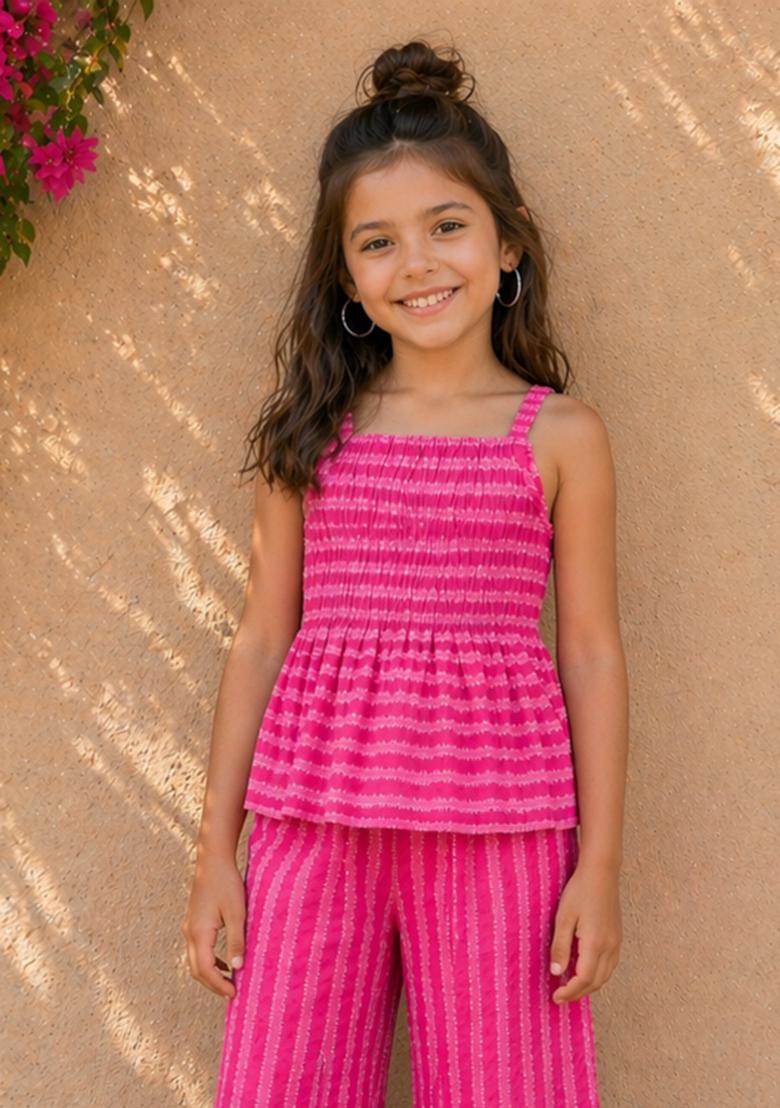 Fuchsia Stripes Cotton Sets And Suits For Girls - Indya