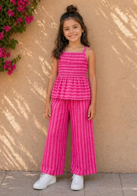 Fuchsia Stripes Cotton Sets And Suits For Girls