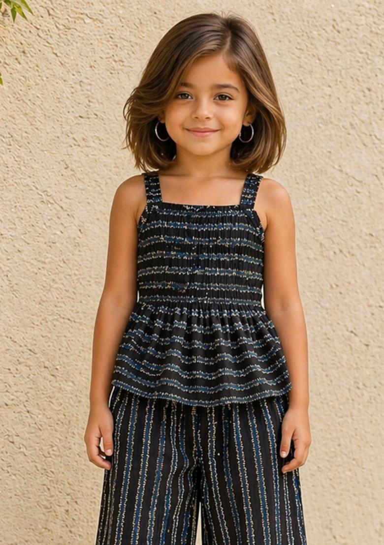 Black Stripes Cotton Sets And Suits For Girls - Indya