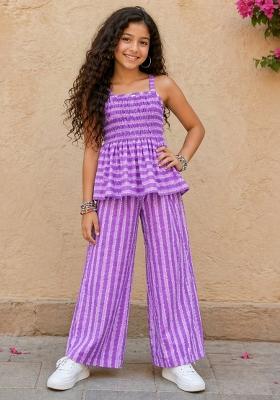 Purple Stripes Cotton Sets And Suits For Girls