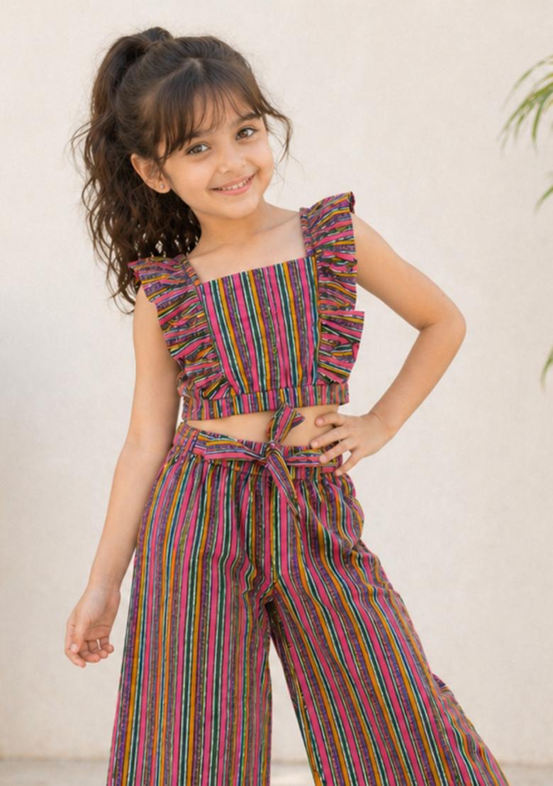 Pink Stripes Cotton Sets And Suits For Girls - Indya