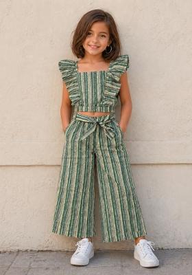 Sea Green Stripes Cotton Sets And Suits For Girls