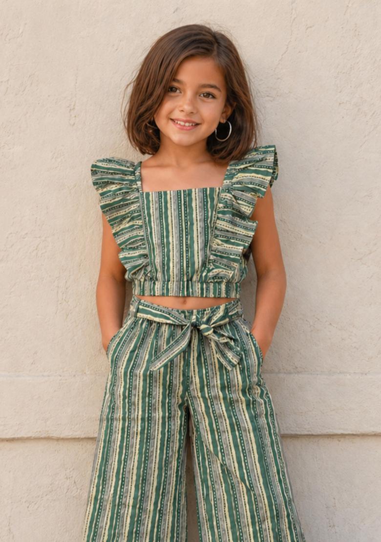 Sea Green Stripes Cotton Sets And Suits For Girls - Indya