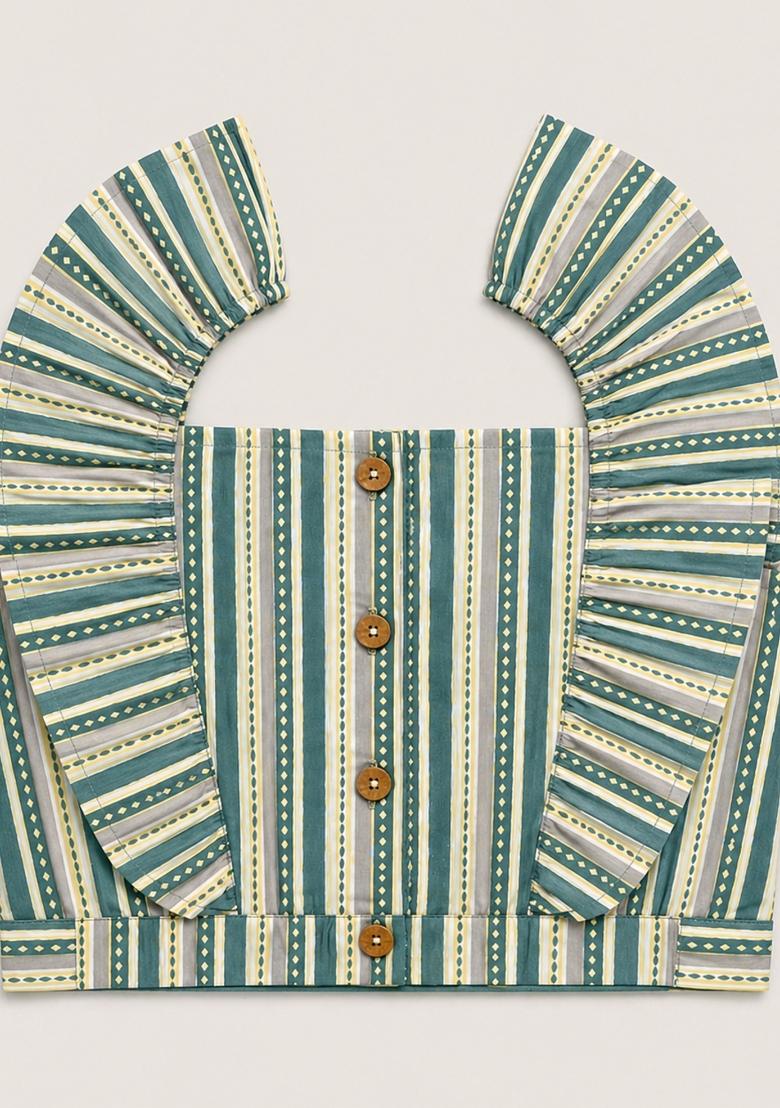 Sea Green Stripes Cotton Sets And Suits For Girls - Indya