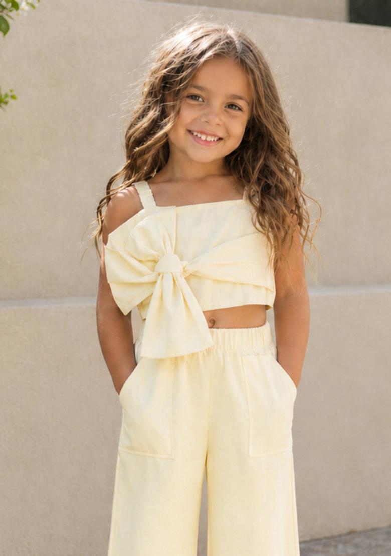 Cream Solid Cotton Sets And Suits For Girls - Indya