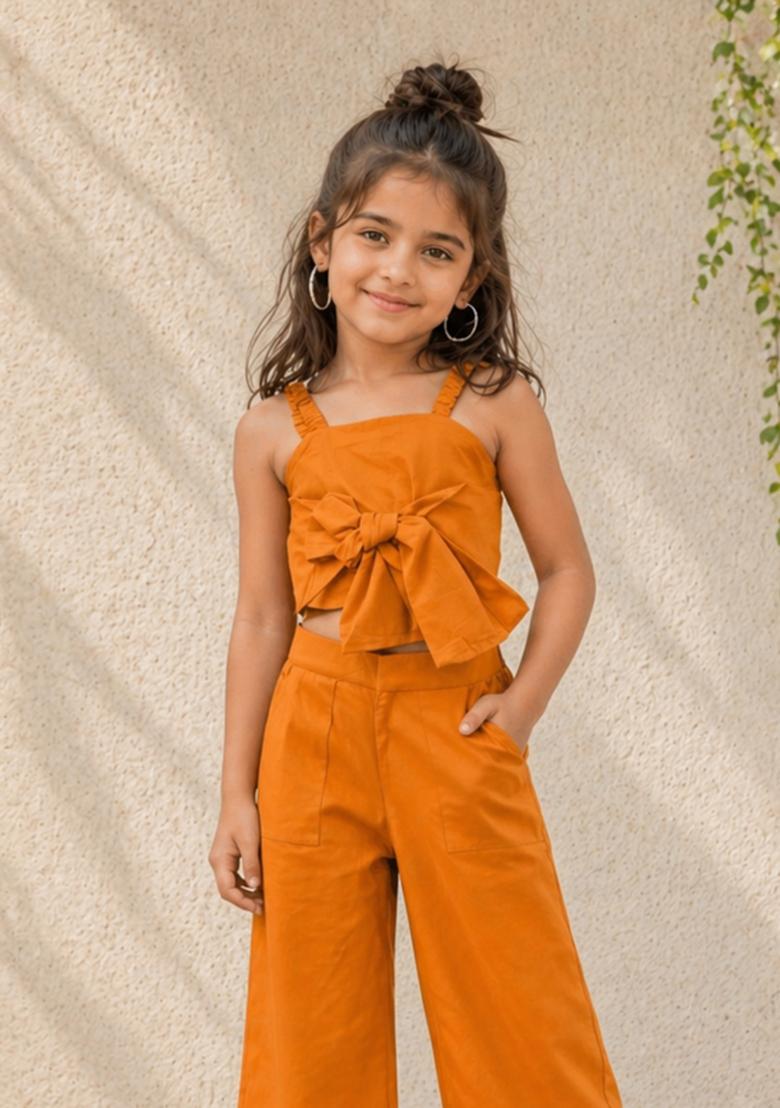 Orange Solid Cotton Sets And Suits For Girls - Indya