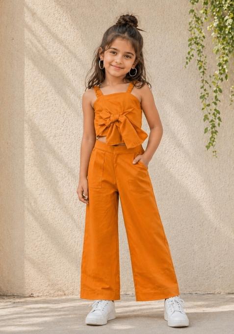 Orange Solid Cotton Sets And Suits For Girls