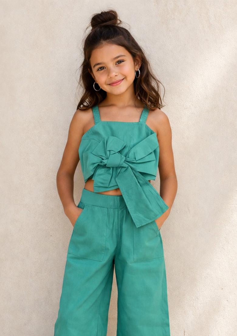 Turquoise Solid Cotton Sets And Suits For Girls - Indya