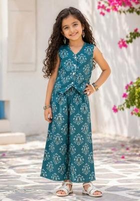 Sea Green Floral Print Cotton Sets And Suits For Girls