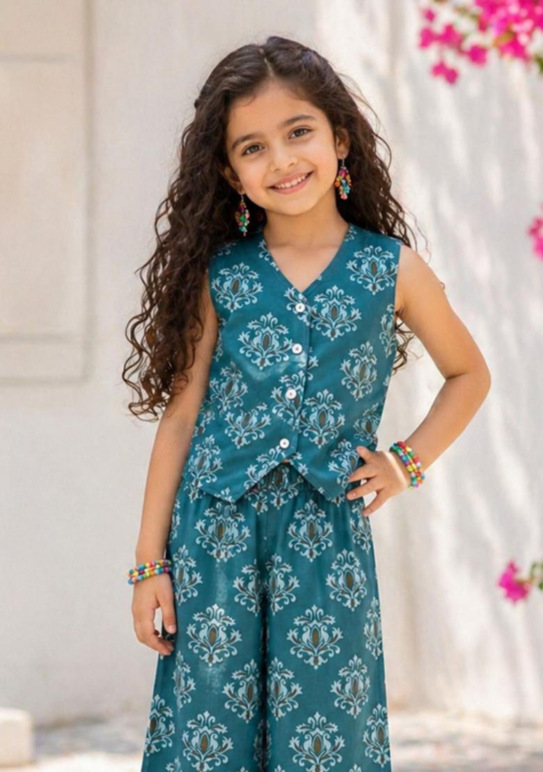 Sea Green Floral Print Cotton Sets And Suits For Girls - Indya