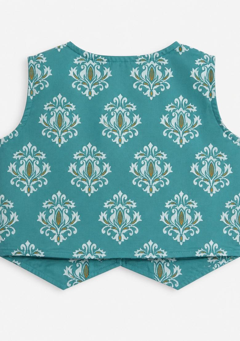 Sea Green Floral Print Cotton Sets And Suits For Girls - Indya