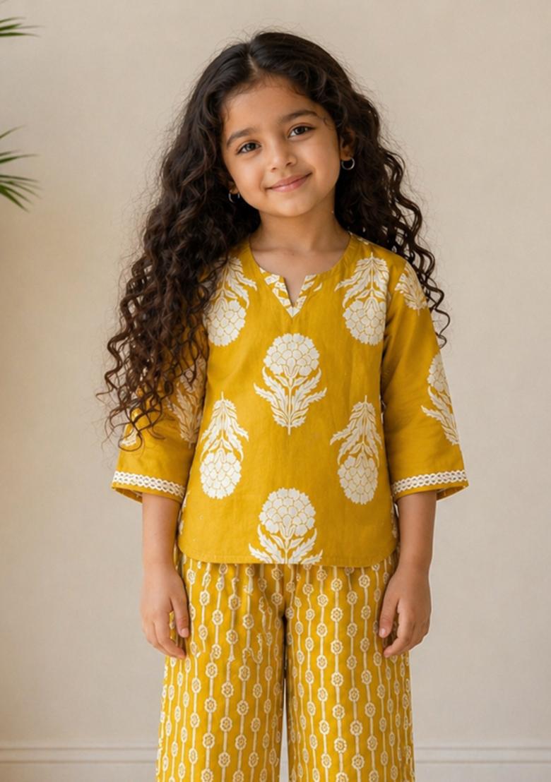 Yellow Floral Print Cotton Loungwear For Girls - Indya