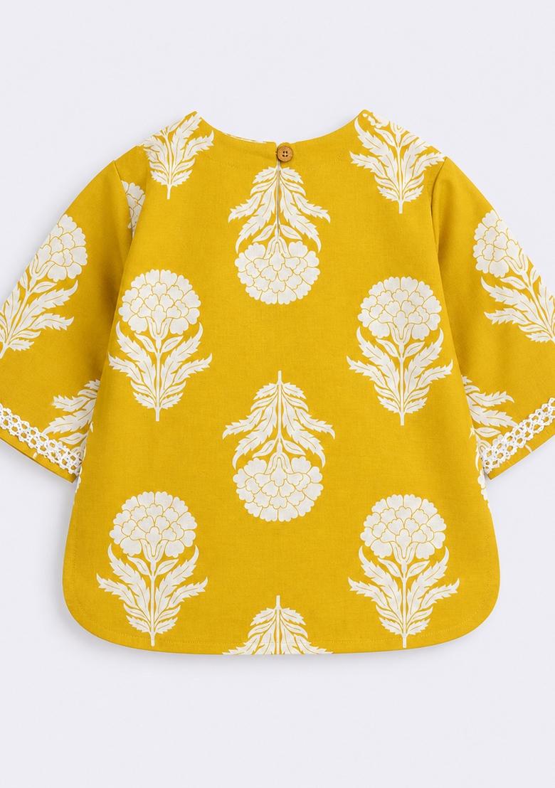 Yellow Floral Print Cotton Loungwear For Girls - Indya