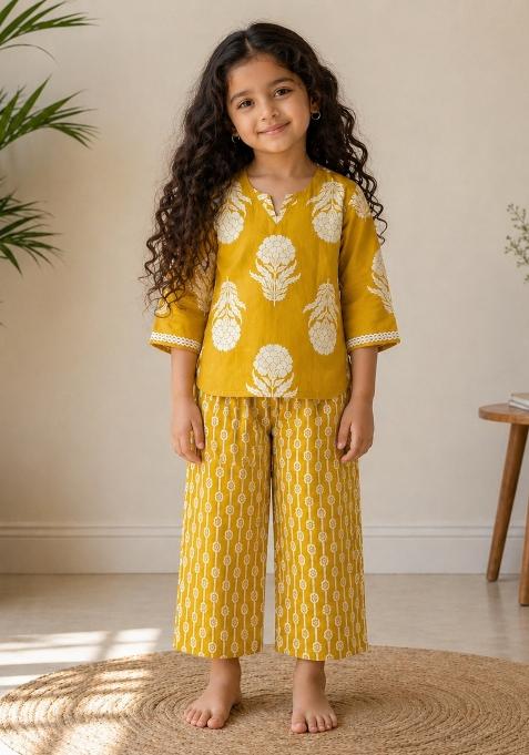 Yellow Floral Print Cotton Loungwear For Girls