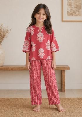 Coral Floral Print Cotton Loungwear For Girls