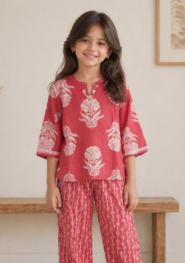 Coral Floral Print Cotton Loungwear For Girls - Indya