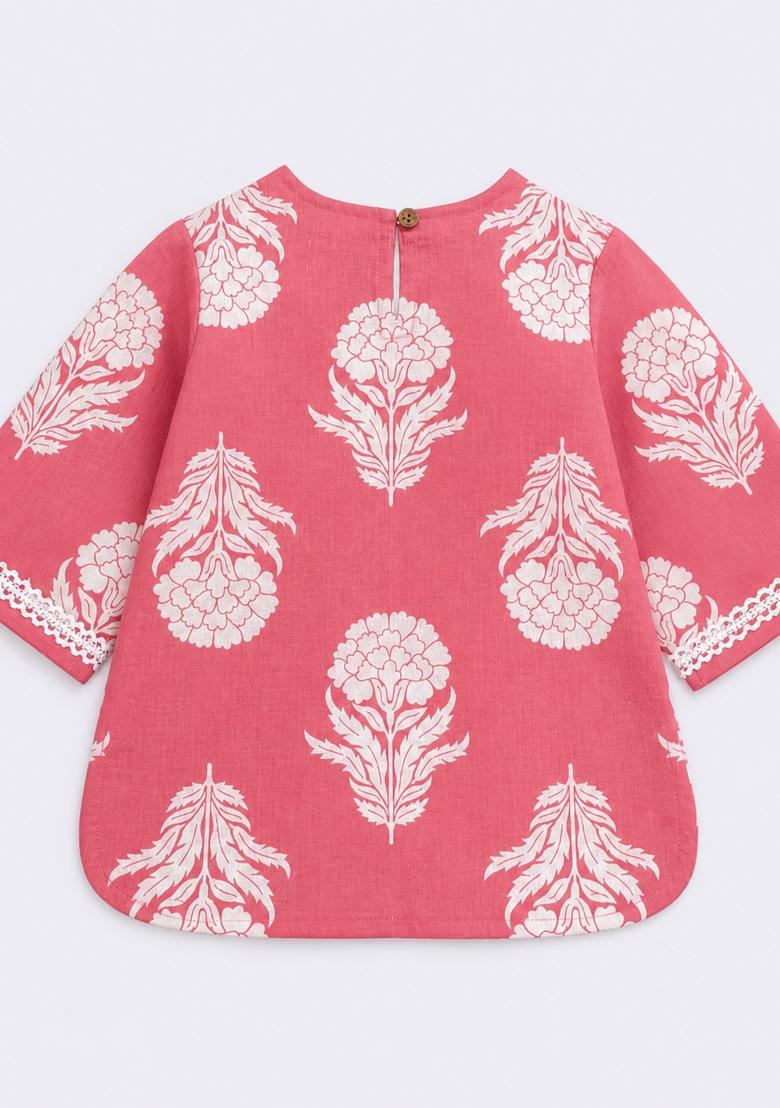 Coral Floral Print Cotton Loungwear For Girls - Indya