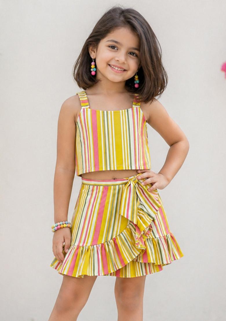 Yellow Stripes Cotton Skirt Set For Girls - Indya