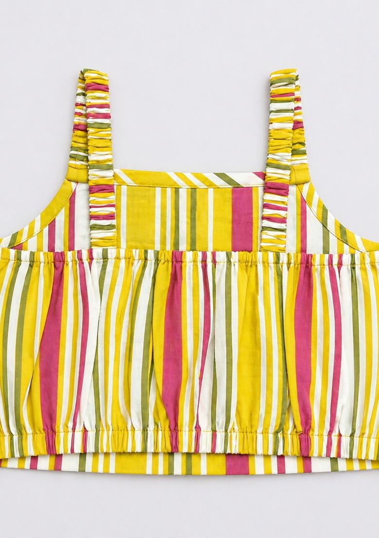 Yellow Stripes Cotton Skirt Set For Girls - Indya