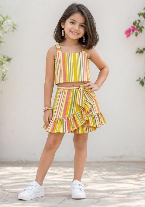 Yellow Stripes Cotton Skirt Set For Girls