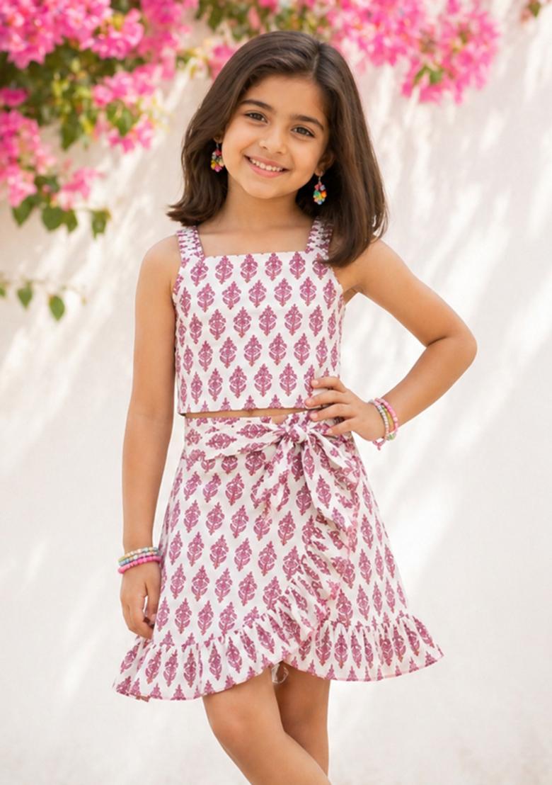 White Printed Cotton Skirt Set For Girls - Indya