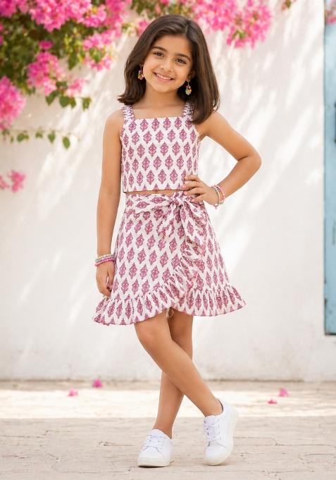 White Printed Cotton Skirt Set For Girls