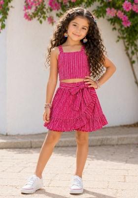 Fuchsia Printed Cotton Skirt Set For Girls